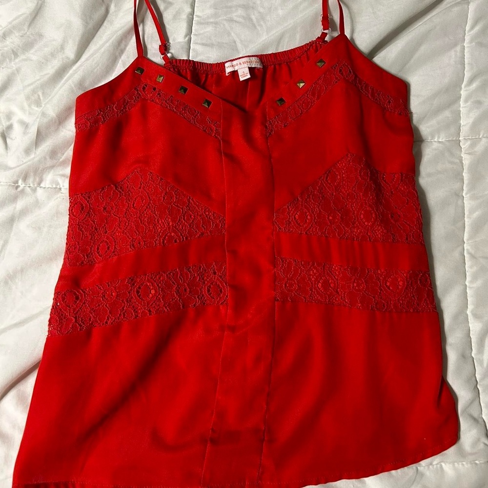 red silky blouse